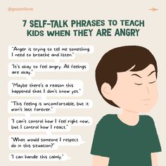 A beige graphic with a young boy with a green t-shirt with a green title that reads 7 Self-Talk Phrases To Teach Kids When They Are Angry with bubbles around with text that says "Anger is trying to tell me something, let me breathe and listen." Education Positive, Parenting Solutions, Affirmations For Kids, Parenting Help, Mindful Parenting, Conscious Parenting