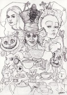 a drawing of the mad tea party with alice and the wonderland characters in black and white