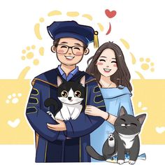 a man and woman are holding cats in their arms while wearing graduation gowns with hearts above them