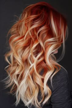 Red Base Blonde Highlights, Red To Silver Hair, Red And Platinum Hair Highlights, Fall Hair Vibes, Fall Red Hair Ideas, Blonde Hair With Colored Roots, Dark Red With Light Red Highlights, Bleaching Red Hair, Blond With Red Underneath