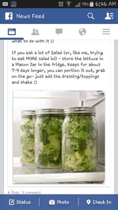 a facebook page with two mason jars filled with lettuce in it and the caption'if you eat a lot of salad for like me, try not to make salad