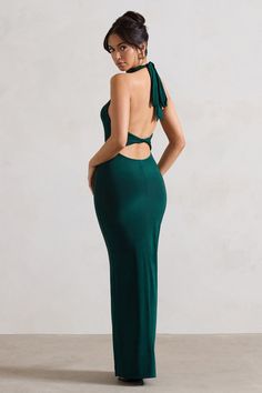 Dress With Back Detail, Green Maxi Dress, Halter Neck Maxi Dress, Black Dress Prom, Black Tie Gala, Party Dress Long Sleeve, Green Maxi, Bridesmaid Outfit, Christmas Party Dress