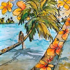 a painting of a palm tree on the beach