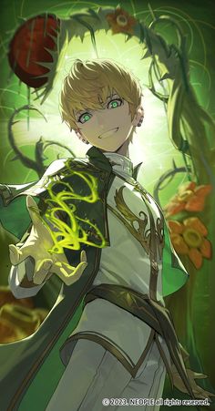 an anime character with blonde hair and green eyes