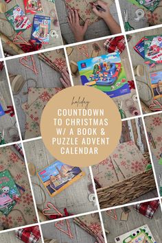 a collage of photos with the words countdown to christmas w / a book & fuzzle adventure calendar