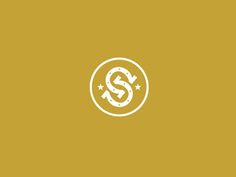 a white and yellow logo with the letter s in it's center on a gold background