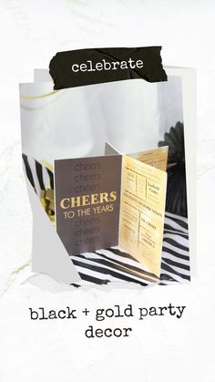 a black and gold party decor with the words cheers to the years printed on it