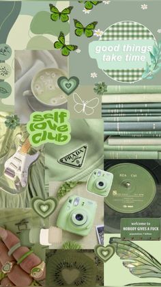 a collage with various items and words on it, such as cds, cd's