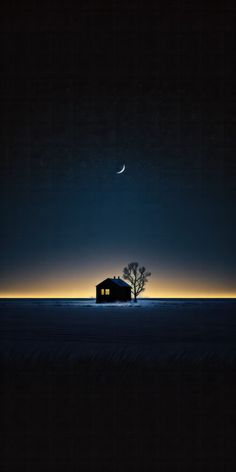 a small house sitting in the middle of an empty field at night under a full moon