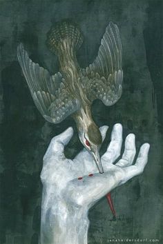 a painting of a hand holding a bird with it's beak in the air