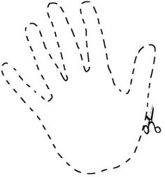 a drawing of a hand with scissors in it and dotted lines across the palm area