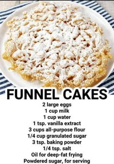 a recipe for funnel cakes on a white plate