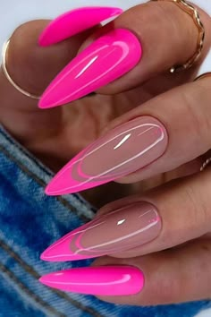 Bright French Nails, Bright Pink Nails, Pink Nail Colors, Hot Pink Nails, Almond Nails Designs, Almond Acrylic Nails, Almond Nail, Pink Nail Designs, Pink Nail