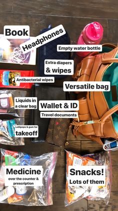 the contents of a travel bag laid out on top of a wooden floor next to each other