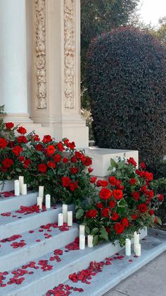 red flowers and candles are placed on the steps in front of a building with columns