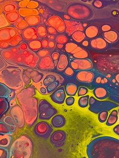 an abstract painting with lots of colors and bubbles on it's surface, as well as water