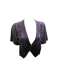 Material: 100% Rayon  Free Size Up To 16 Bust: 21'' Sleeve Length: 8.5'' Length: 17'' - Retro - Caridgan shrug - Tone embroidery  - Button Up - V Neck - Short Sleeves   2041 Outfit Claims, Short Sleeve Bolero, Sleeve Bolero, Embroidery Clothes, Boho Cardigan, Purple Cardigan, Shrug Cardigan, Work Fits, Vest Outfits