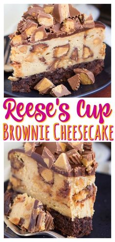 reese's cup brownie cheesecake is cut in half and stacked on top of each other