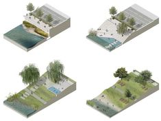 four different views of a park with water and trees in the foreground, along with a swimming pool on the other side