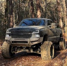 a black truck driving through the woods