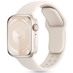 an apple watch with a white band and glass case on the front, side view