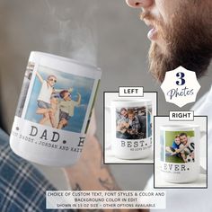 a man holding a coffee mug with photos on it and the words best dad printed on it