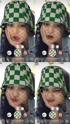 four pictures of a woman wearing a green and white checkered hat with buttons on it