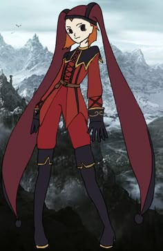 an anime character with long red hair standing in front of mountains