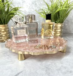 two small vases with plants and perfume bottles on a marble tray in front of them