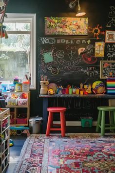 a child's playroom with chalkboard and toys