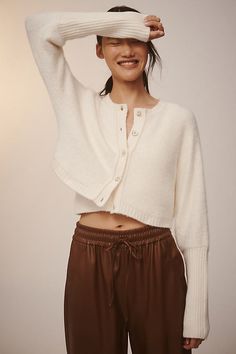 From holy-grail tees and perfectly fitted jeans to laidback dresses, PILCRO is on everyone’s most-wanted-wardrobe list. | Cropped Cardigan Sweater by Pilcro in White, Women's, Size: XL, Nylon/Wool/Acrylic at Anthropologie White Cropped Cardigan, Fitted Jeans, Cardigan Sweater Vest, Crop Cardigan, Cardigan Sweaters, Cropped Cardigan Sweater, Fitted Cardigan, V Neck Cardigan, Dress Gift