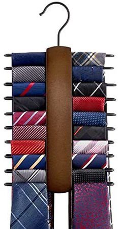 a tie rack with many different ties hanging from it's sides and a wooden hanger in the middle