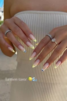 Summer nails. Colorful french nails. french nailart. Nails tips. Summer vibes. Italian coast vibes. Trending nailart Paznokcie Hello Kitty, Lemon Nails, Kutek Disney, August Nails, Nagel Tips, Her Nails, Casual Nails, Almond Nails Designs