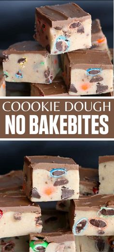 Collage of stack of no bake cookie dough bites at top and bottom. Easy Cookie Dough, No Bake Cookie Dough, Cookie Dough Bites, Chocolate And Peanut Butter, Edible Cookie Dough, 9x13 Baking Dish, Creamy Peanut Butter, Vegetarian Chocolate