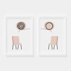 two framed art pieces with chairs and a thought bubble