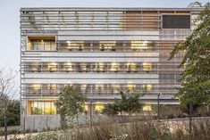 an office building with many windows and plants in the foreground, at dusk time