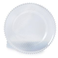 a set of three white plates with beaded edges