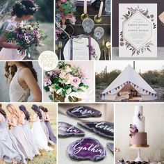 a collage of photos with purple and white wedding decorations, flowers, and other items