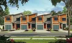 this is an artist's rendering of the townhouses in front of trees and bushes