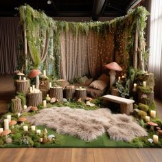 a living room decorated with moss and candles