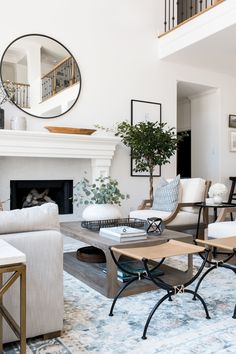 a living room filled with furniture and a fire place in the middle of a room