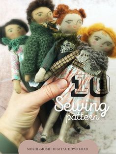 a hand holding a small doll with other dolls in it's arms and the words sewing pattern below