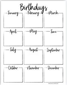 the printable birthday calendar is shown in black and white