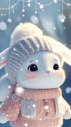 a white rabbit wearing a pink sweater and hat with snow falling on it's ground