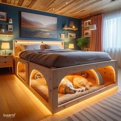 a dog laying on top of a bed in a room with blue walls and wooden floors