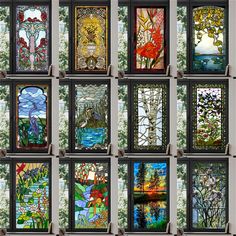 many different stained glass windows with trees and flowers on them, all in various colors