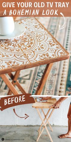 the before and after photo shows how to paint an old table with stencils