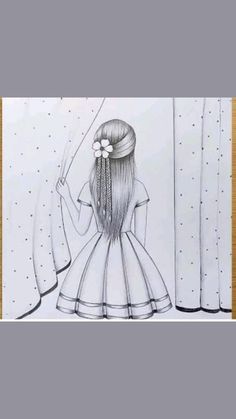 a drawing of a girl with long hair standing in front of curtains and holding an umbrella