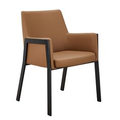 a brown leather chair with black legs and armrests on an isolated white background