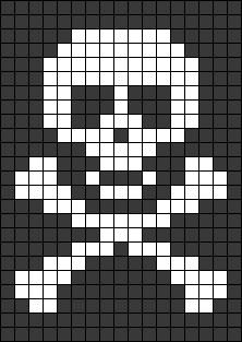 a black and white pixellated pattern with a skull in the middle, on a black background